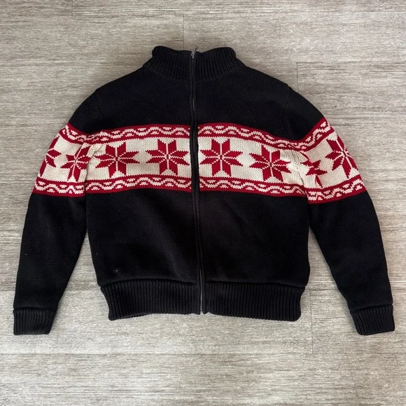 St. John’s Bay Snowflake Ski Zip Up Sweater Men’s L Black Red Cozy